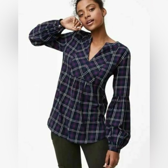 Loft Black Tartan Plaid Split Neck Long Balloon Sleeve Tunic Top Size Large - Picture 1 of 12